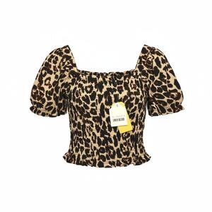 NWT Monteau Los Angeles Leopard Smocked Puff-Sleeve Crop Top Size Medium
